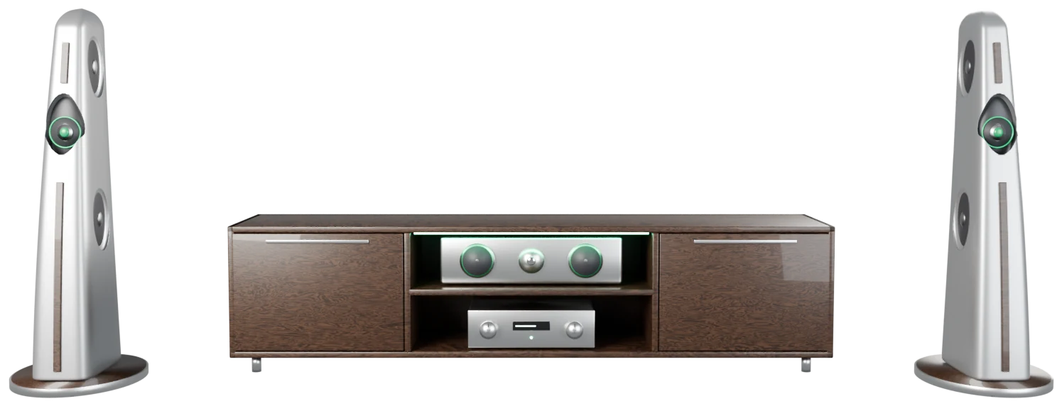 Sound system in GreenT style: two floor-standing speakers with a dark wood lowboard between them holding a center speaker and an amplifier